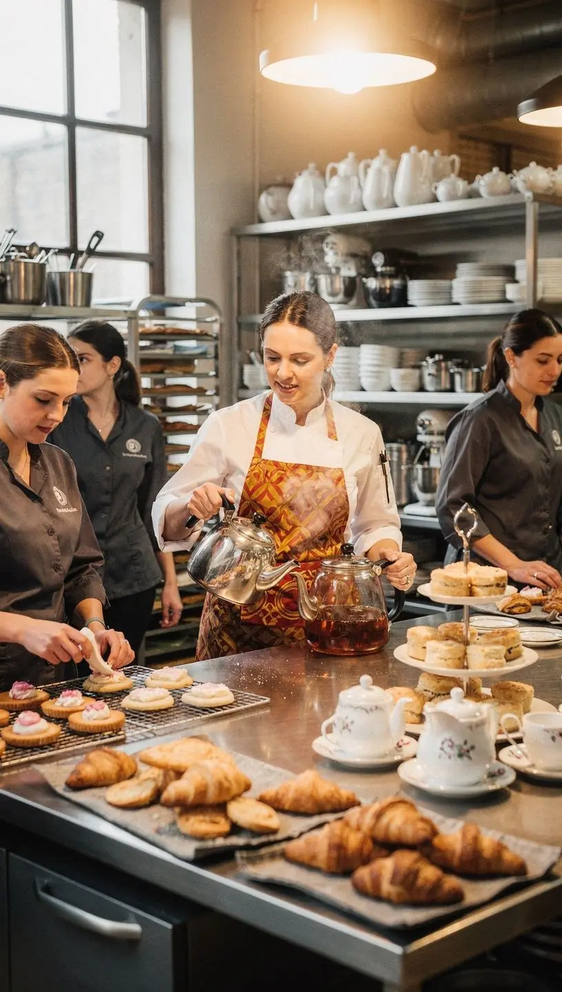Ambiance matinale chaleureuse avec une tasse de thГ© et des pГўtisseries.