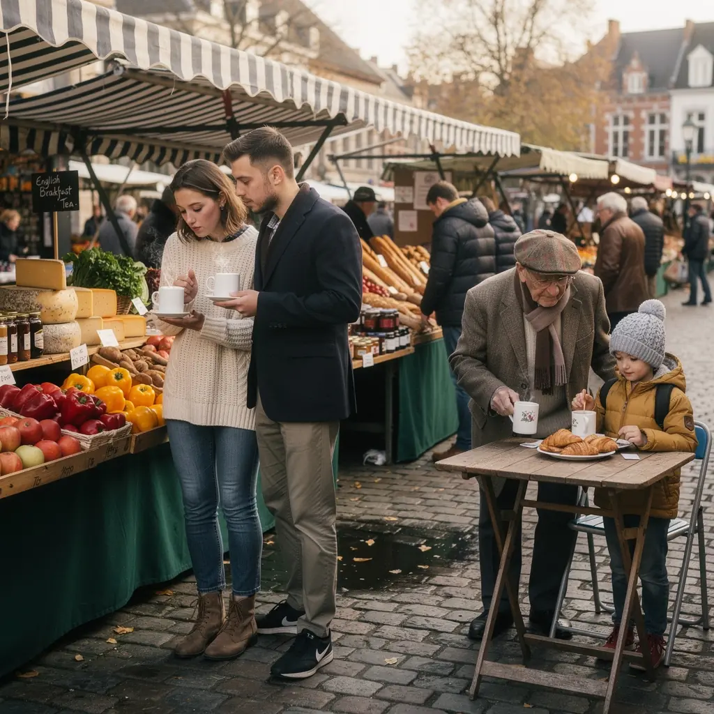 Thé du petit déjeuner anglais servi avec des biscuits croustillants en arrière-plan.